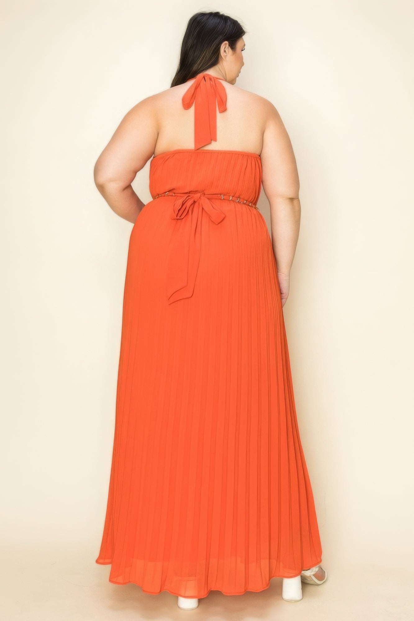 Chiffon Pleated Gold Trim Neck & Belt Cut Out Chest Maxi Dress - All Season Fashion