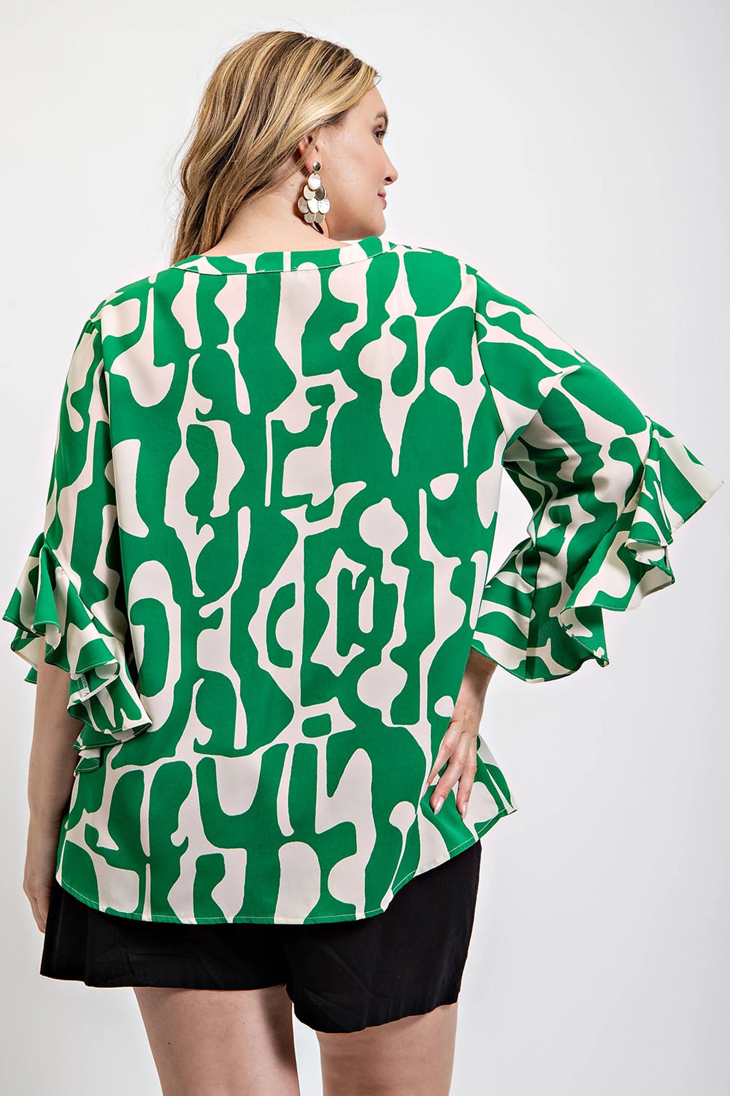 Geometric print ruffled bell sleeve woven top - All Season Fashion