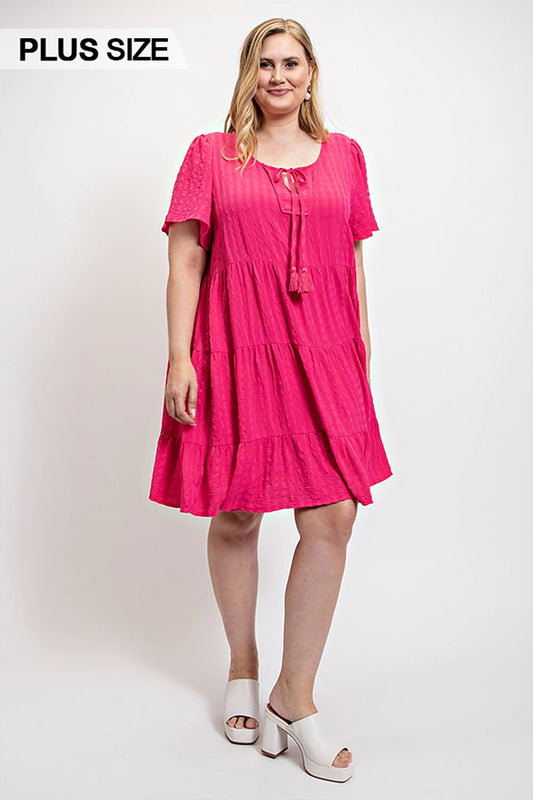 Textured woven tiered dress with tassel tie and pockets - All Season Fashion