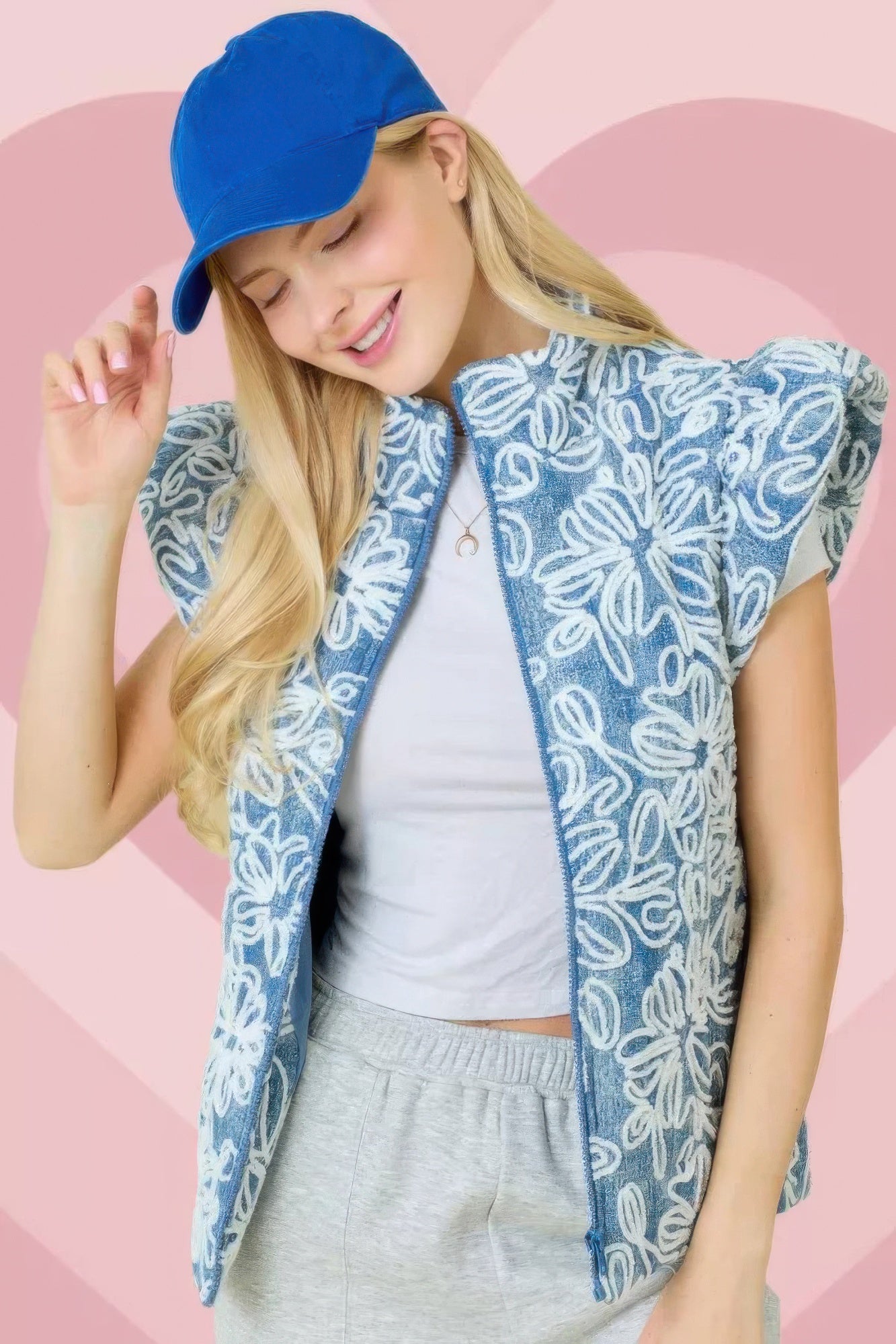 Floral Velvet Embroidered Denim Puffer Vest - All Season Fashion