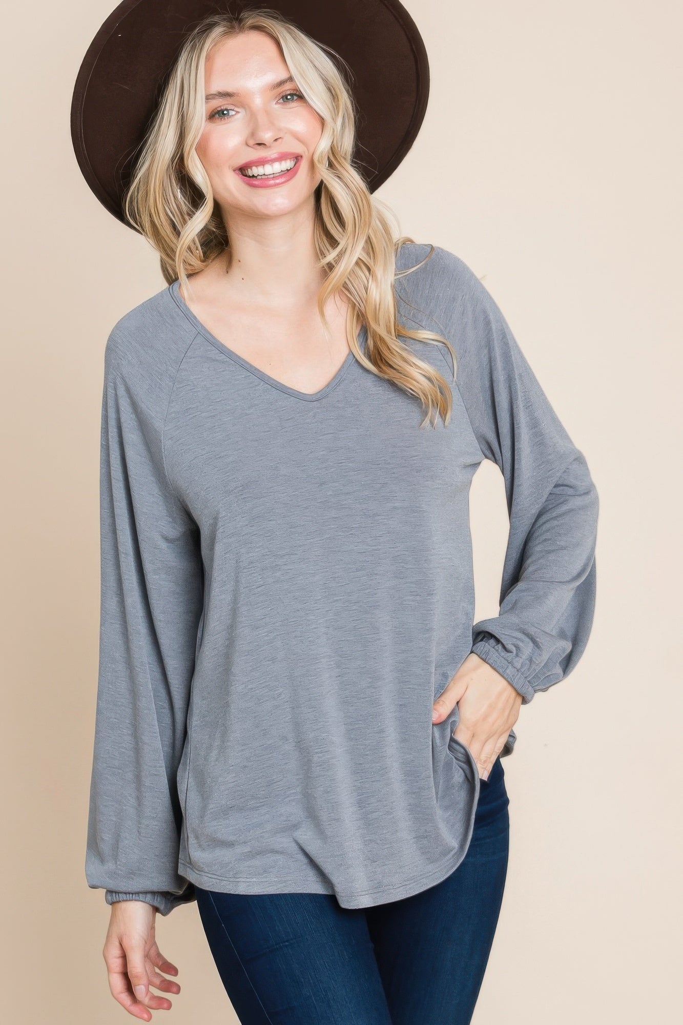 Casual V Neck Basic Long Sleeve Top - All Season Fashion