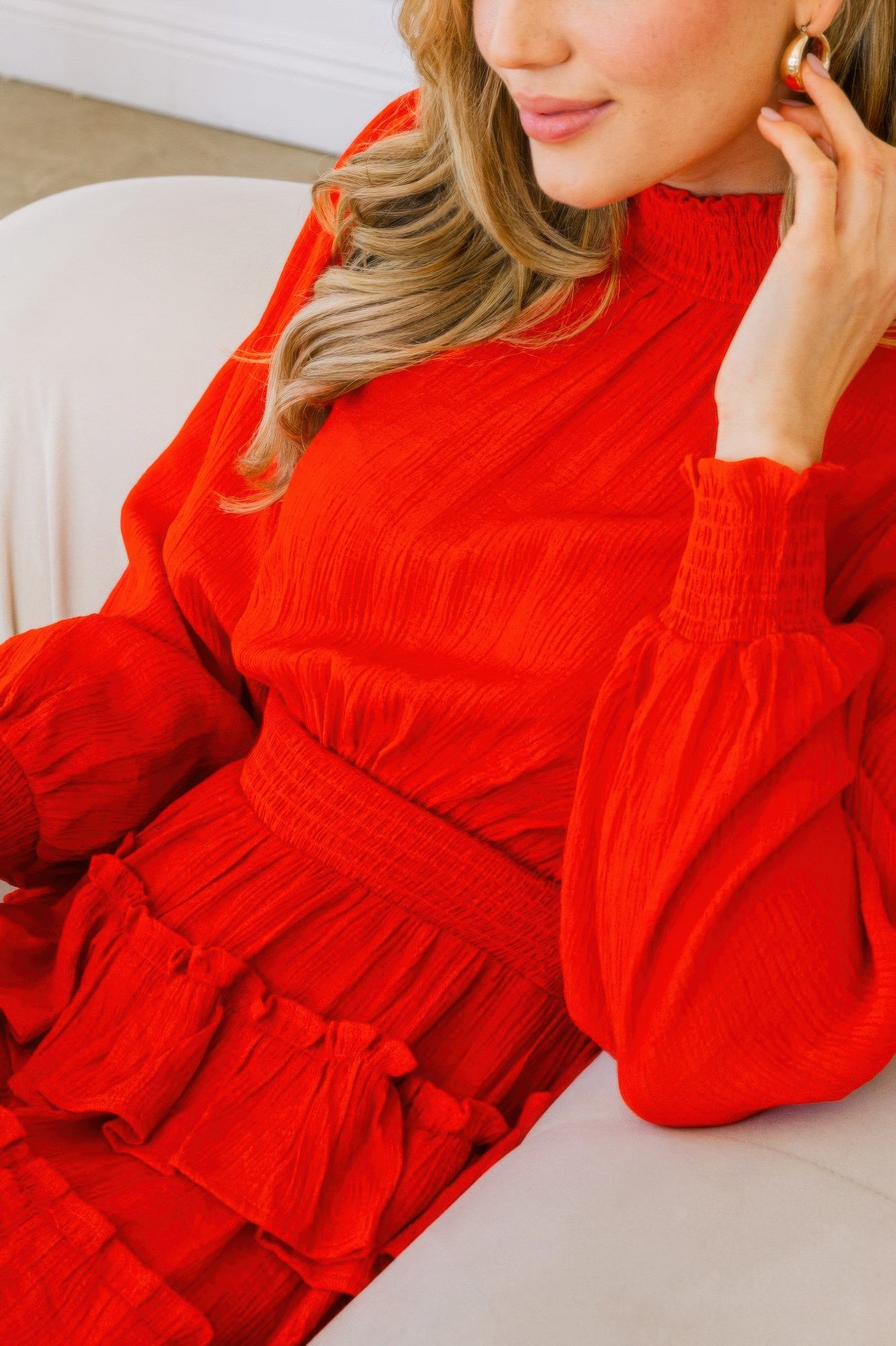 Long Sleeve Smocked Neck Tiered Ruffle Mini Dress - All Season Fashion
