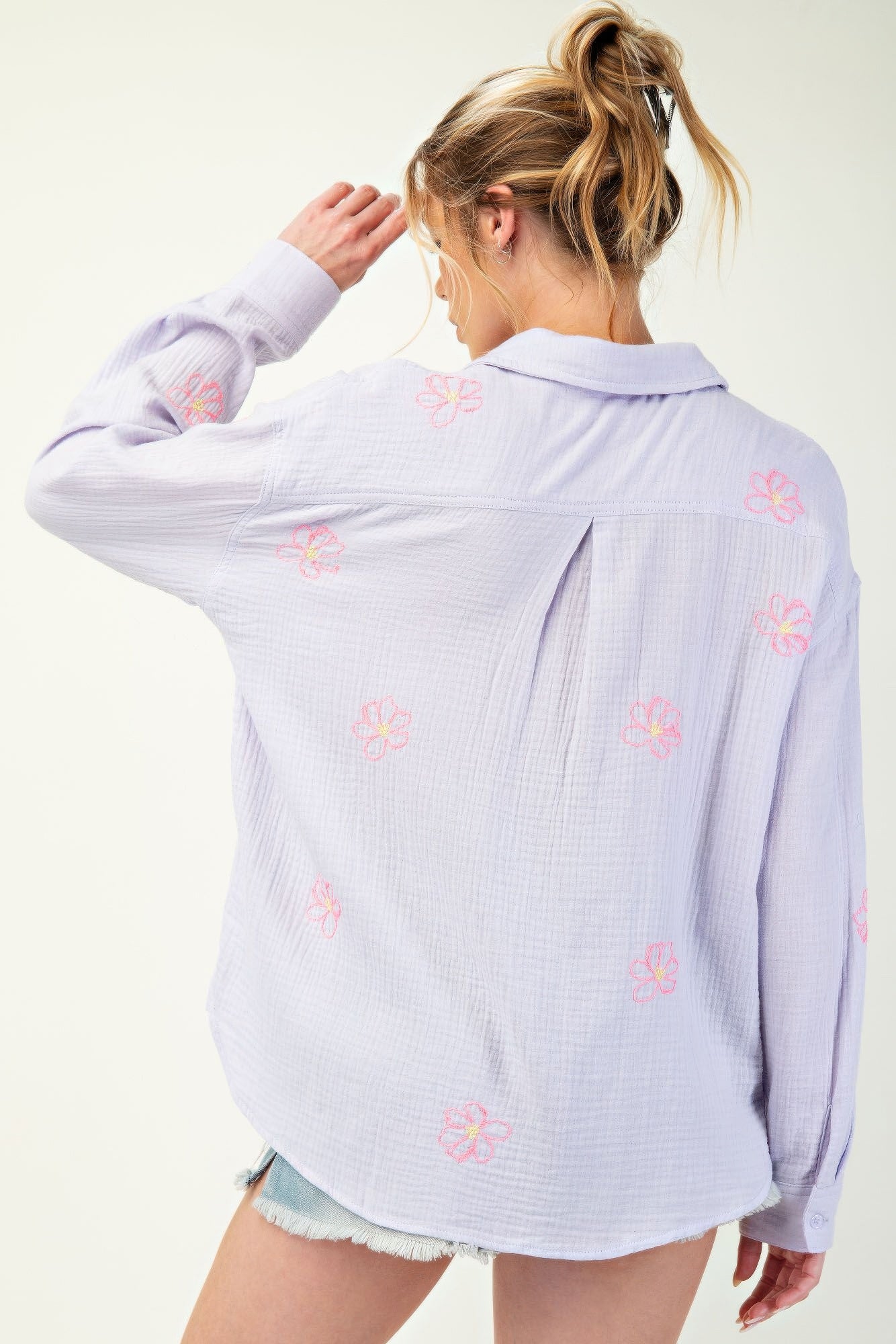 Embo detailed cotton gauze button down shirt - All Season Fashion