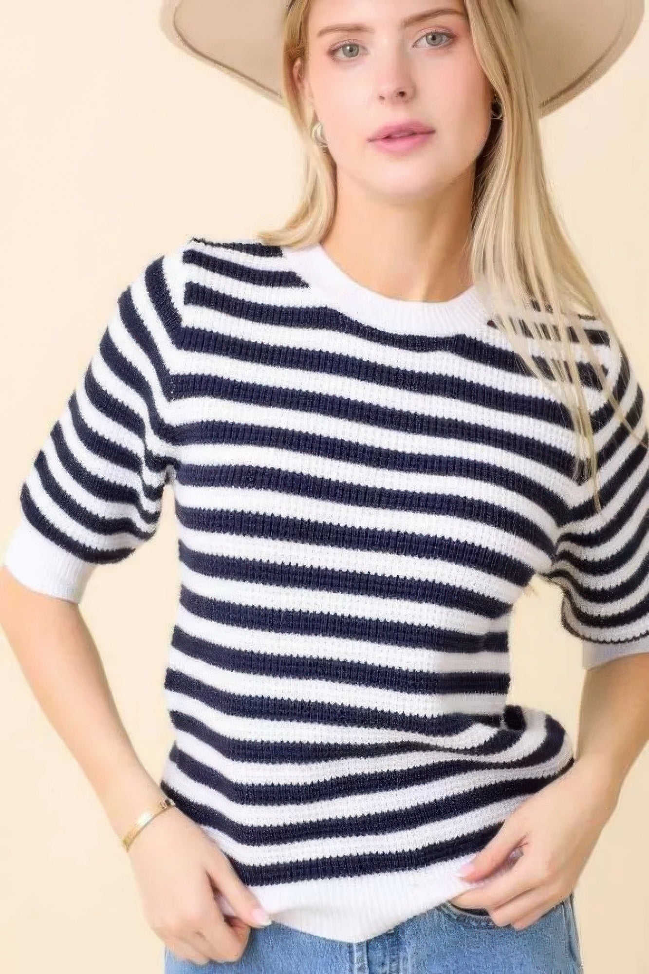 Short Sleeve Sweater Knit Stripe Top - All Season Fashion