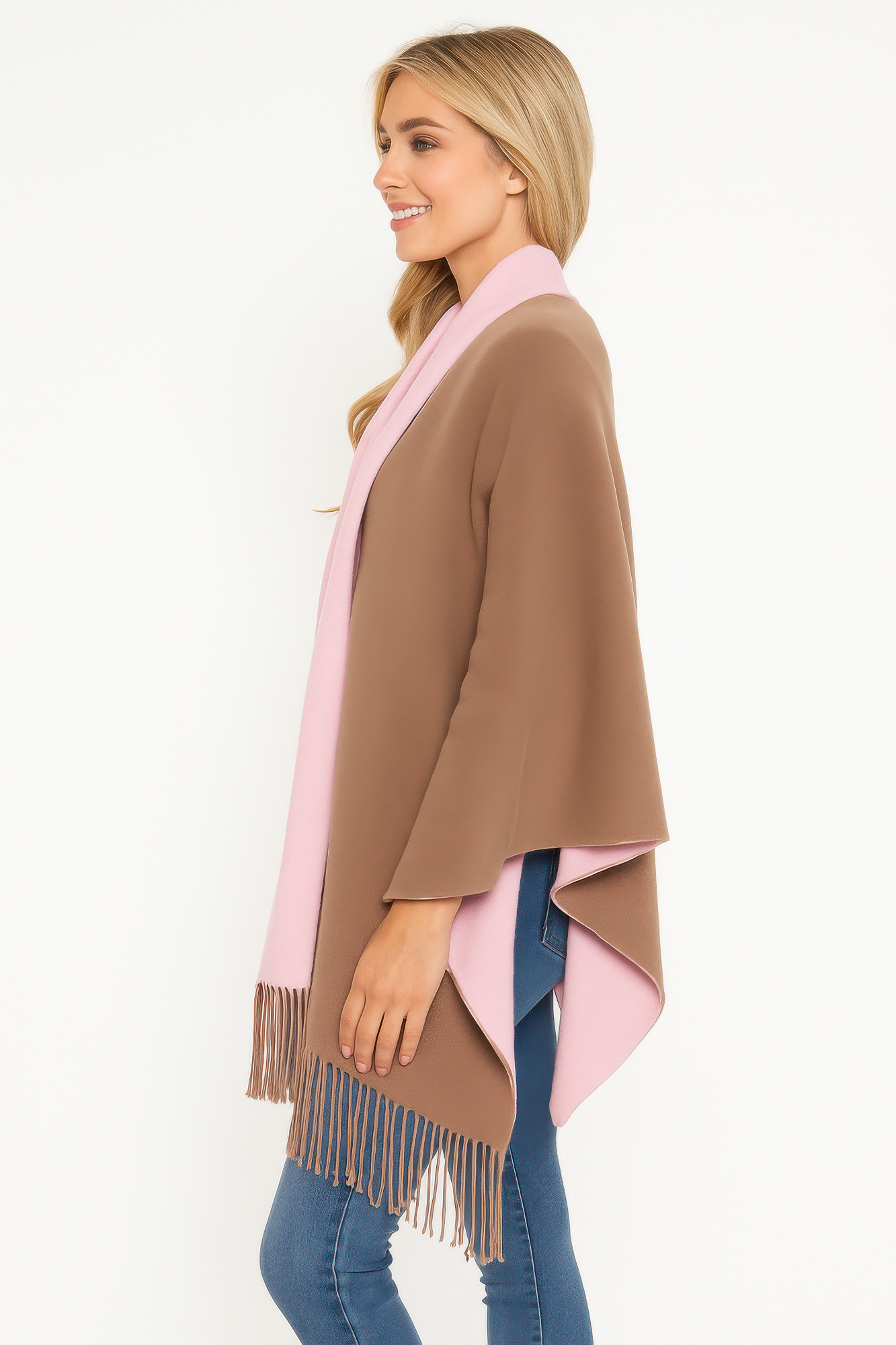 Colorblock Fringe-trimmed Open Wrap - All Season Fashion