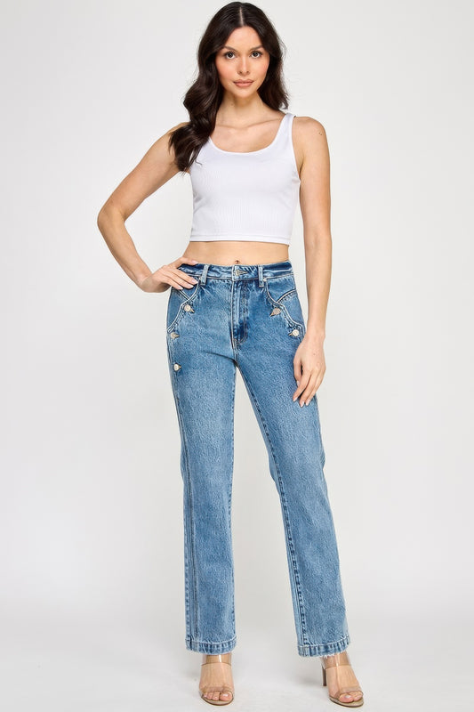 High Rise Dad Jean With Scallop Pocket - All Season Fashion