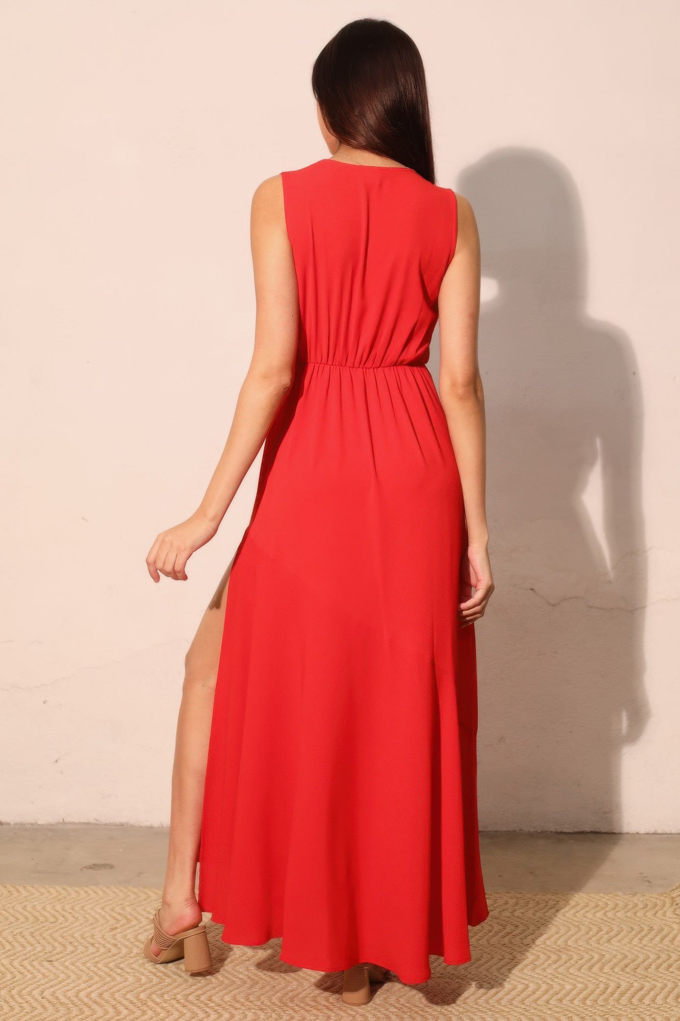 Textured Solid V-neck Maxi Dress - All Season Fashion
