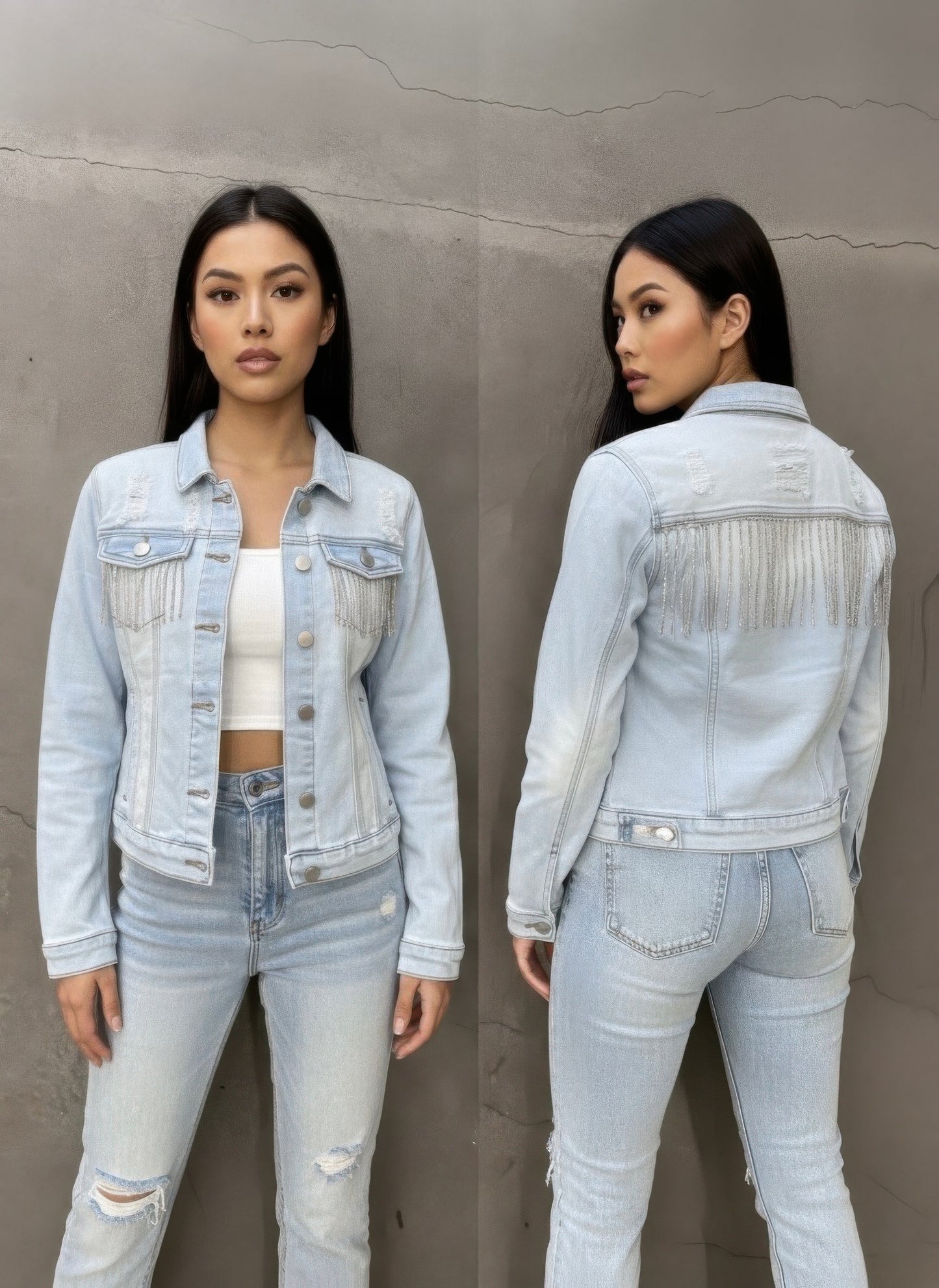 Distressed Jean Jacket With Rhinestone Fringe - All Season Fashion