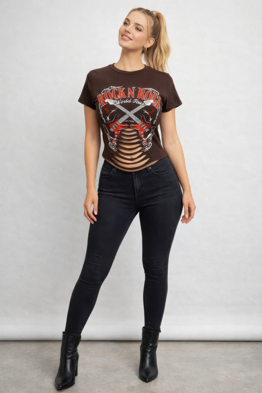 Rock N Roll World Tour Laser-cut Graphic Tee - All Season Fashion