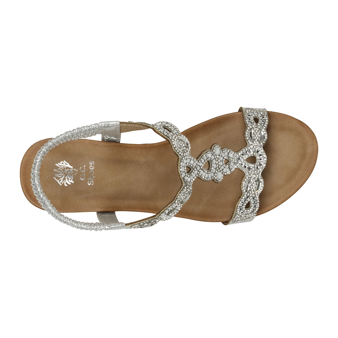 Damaris Silver Embellished Slingback Wedge Sandals