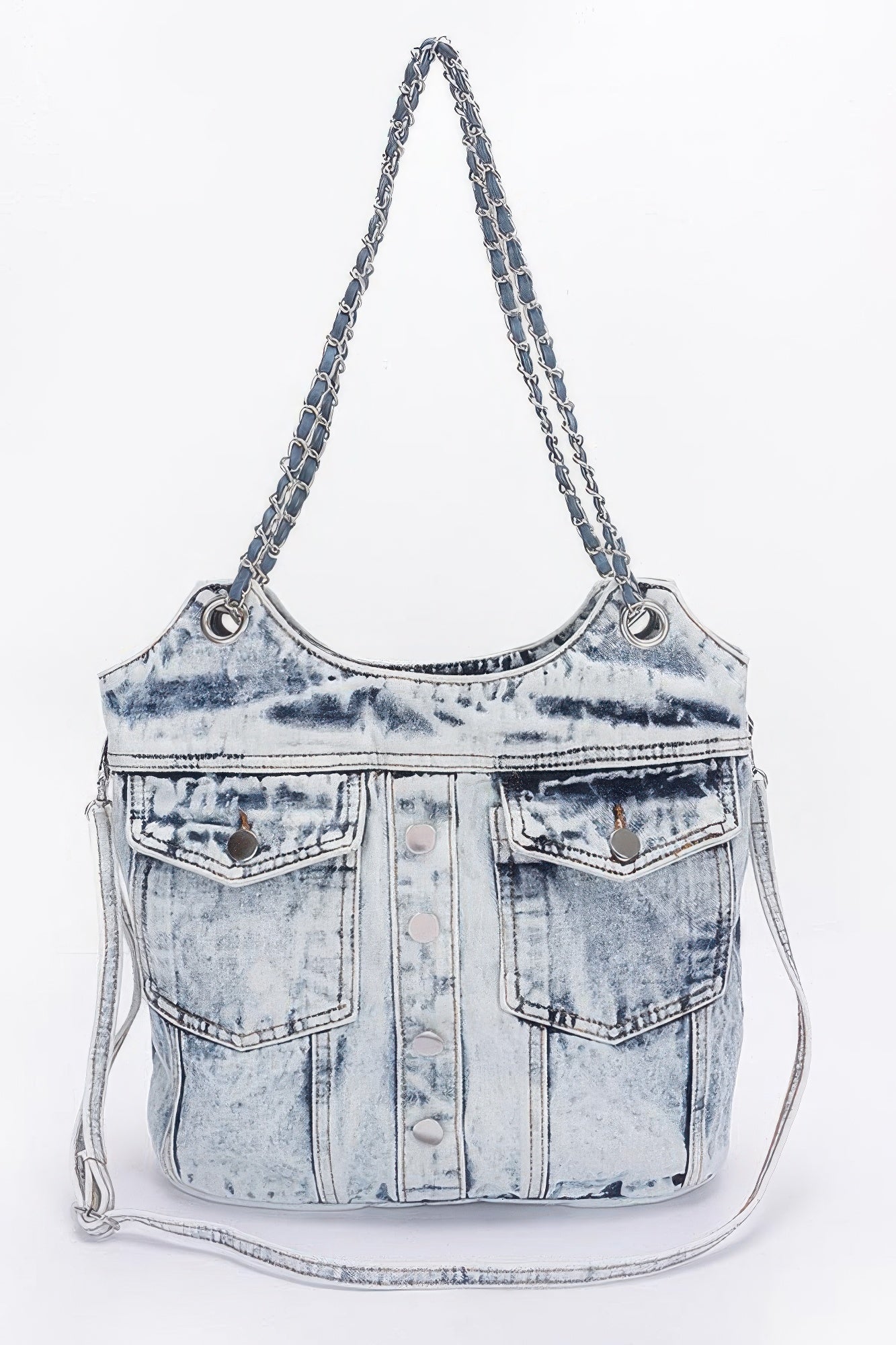 Washed Denim Double Pockets Tote Bag - All Season Fashion