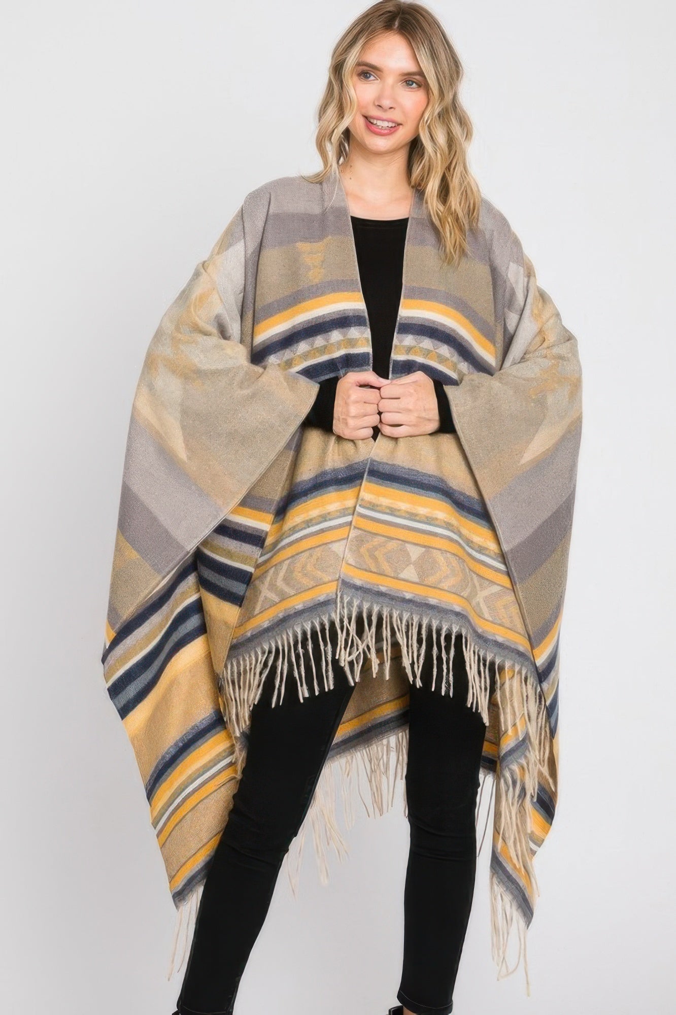 Aztec Pattern Fringe Ruana - All Season Fashion