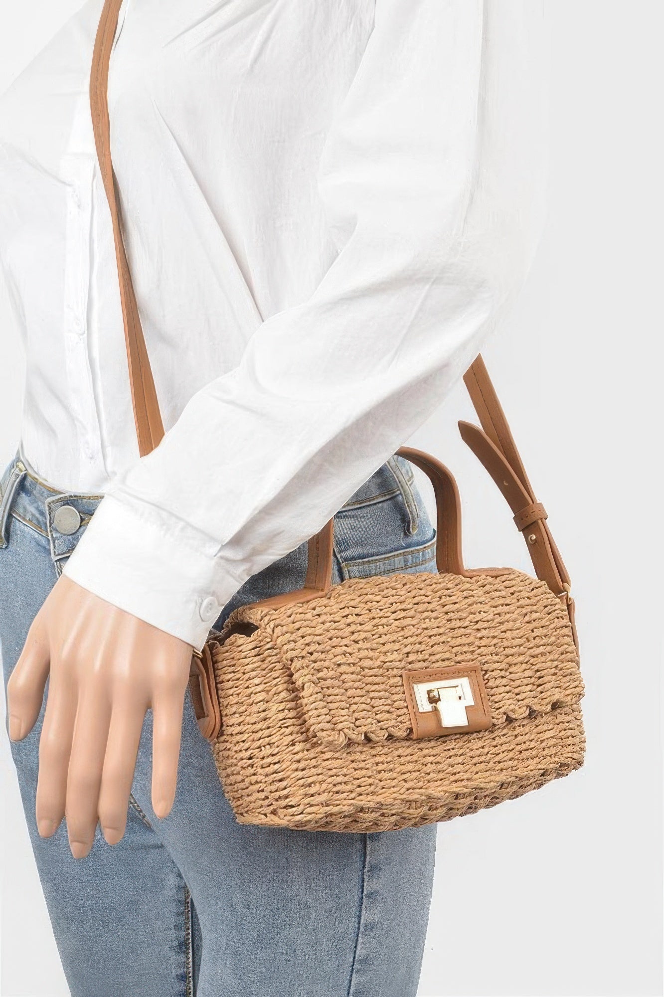 Faux Straw Top Handle Bag - All Season Fashion