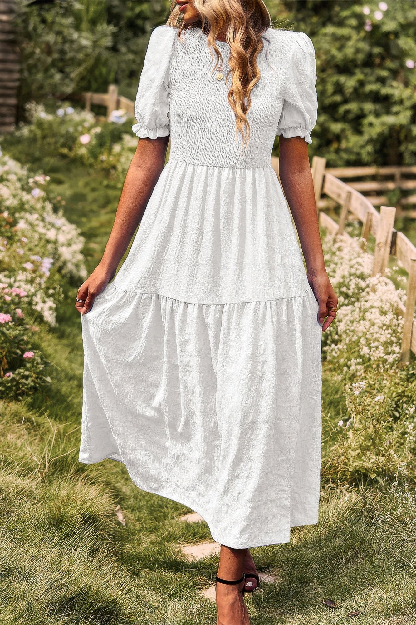 Pleated Tiered Solid Short Puff Sleeve A Line Dres - All Season Fashion