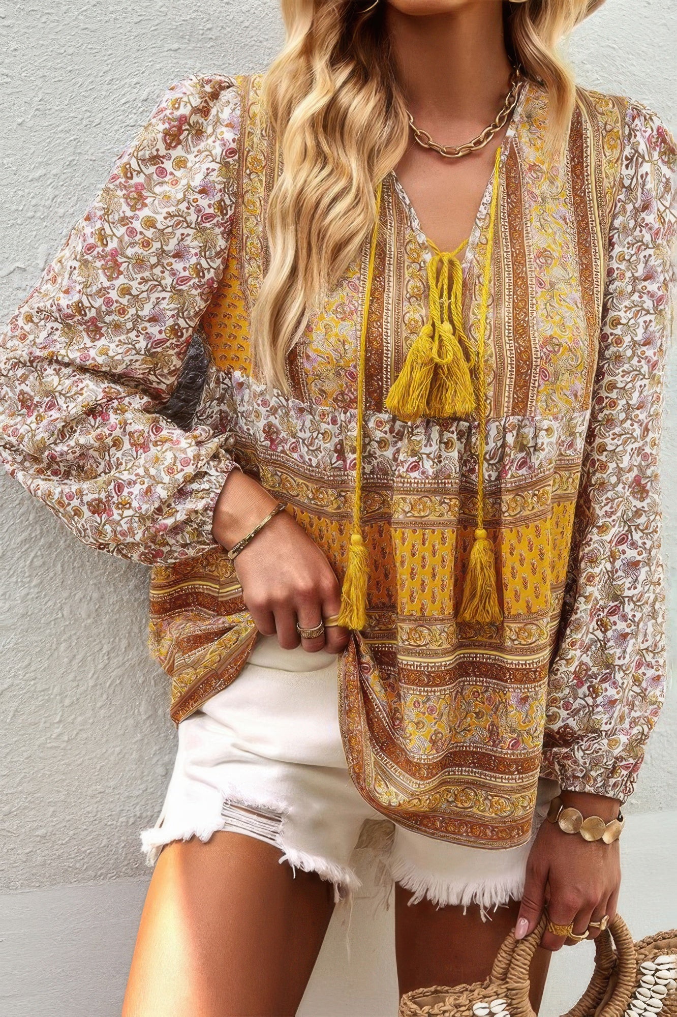 Tie Neck Boho Floral Tunics Long Sleeve Shirt - All Season Fashion