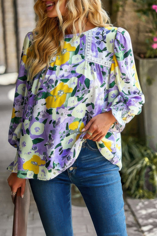 Floral Contrast Lace Trim Split Top - All Season Fashion