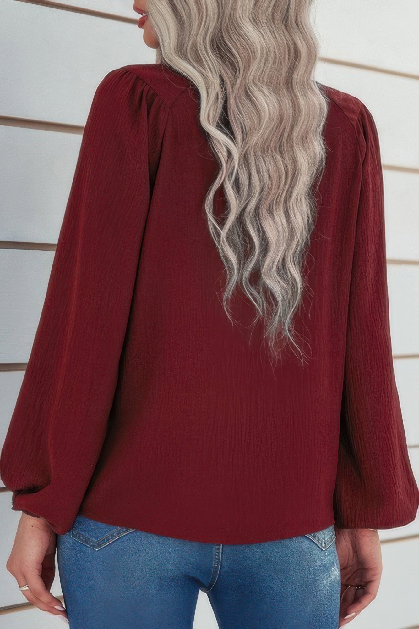 Crew Neck Solid Long Lantern Sleeve Shirt - All Season Fashion
