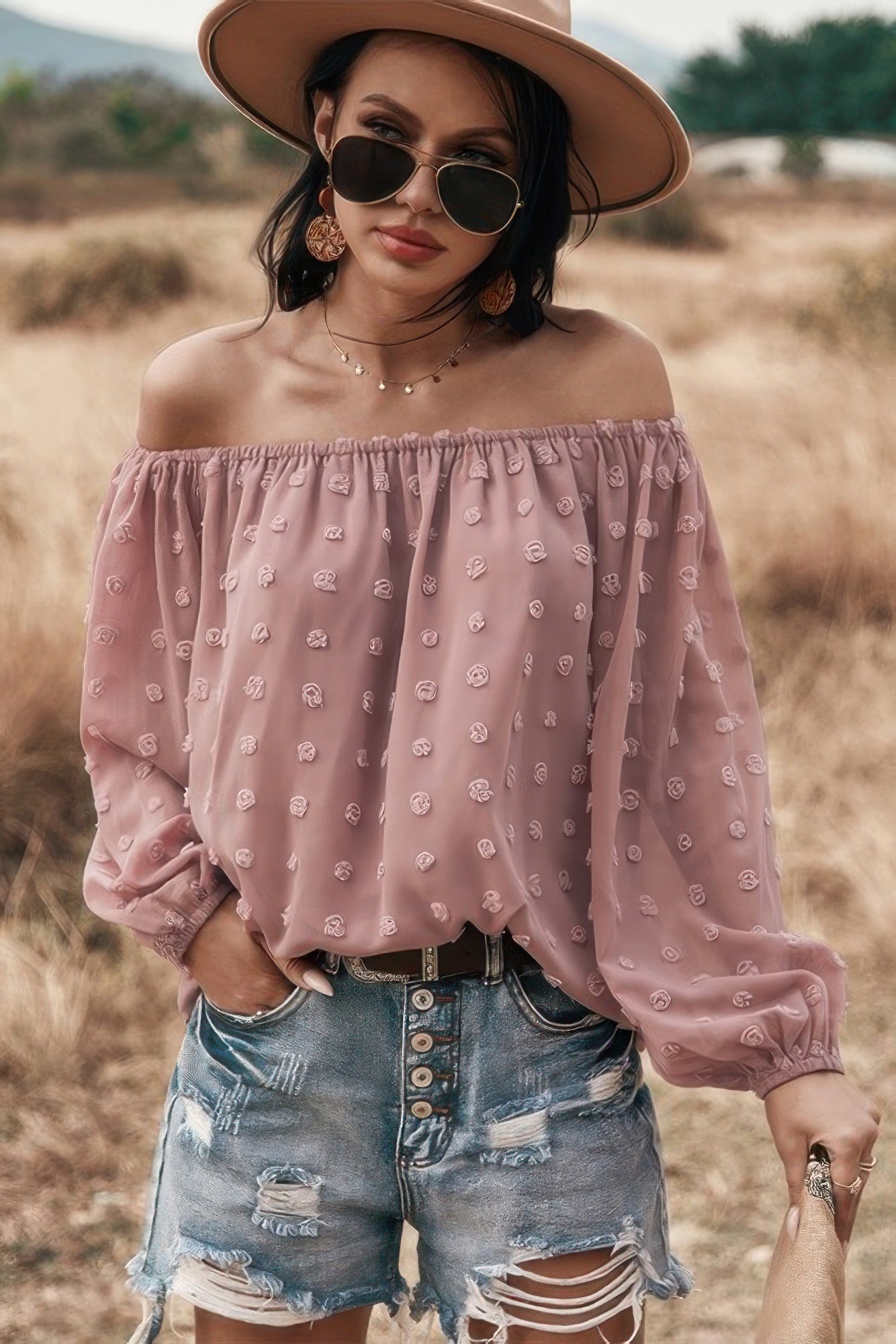 Off Shoulder Swiss Dot Long Sleeve Loose Top - All Season Fashion