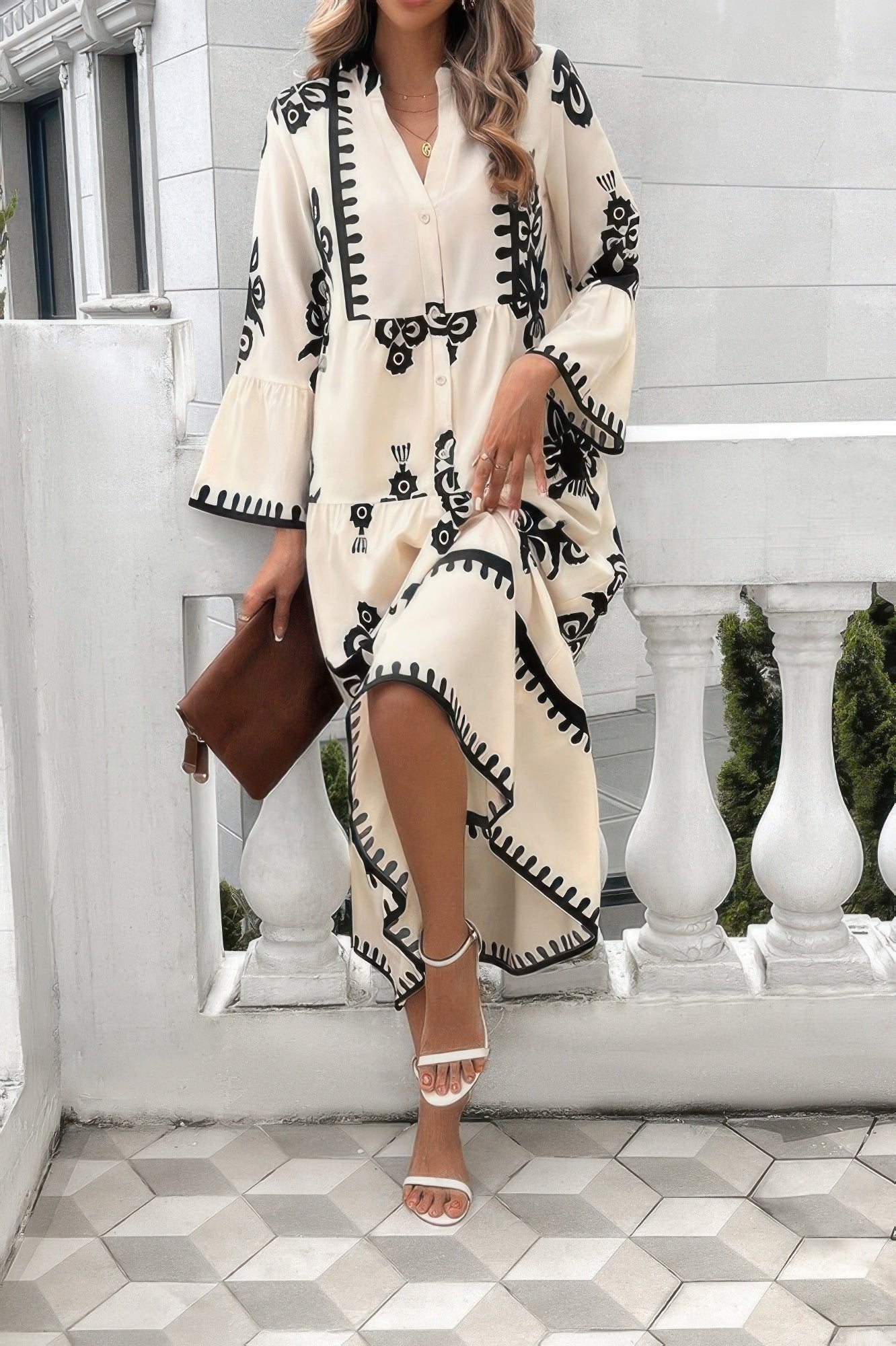 V Neck Stand Collar Button Floral Splicing Dress - All Season Fashion