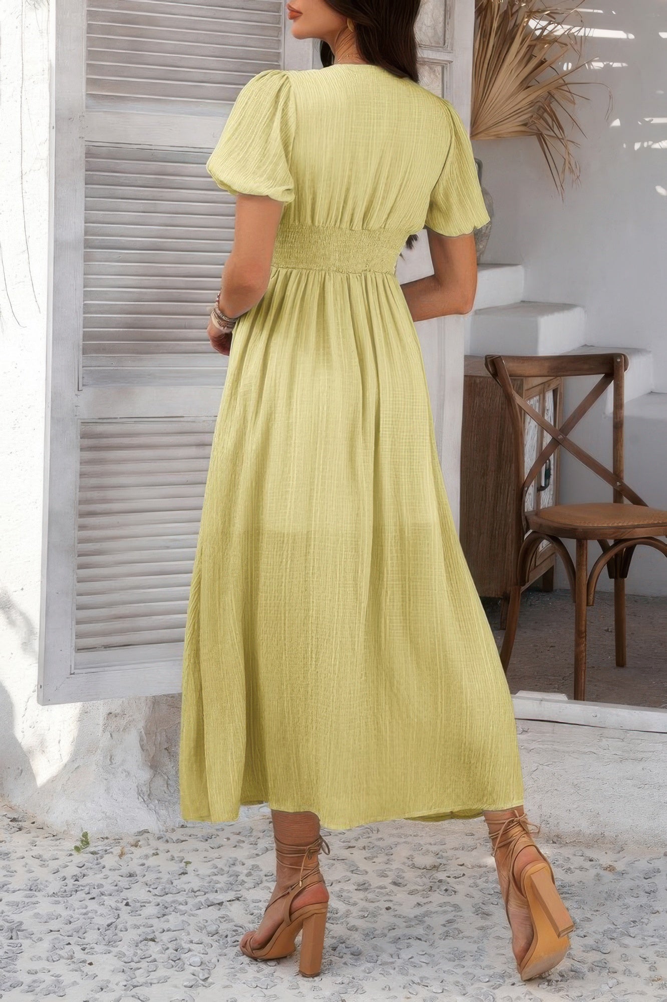 Solid V Neck Puff Sleeves Solid Knot Detail Dress - All Season Fashion
