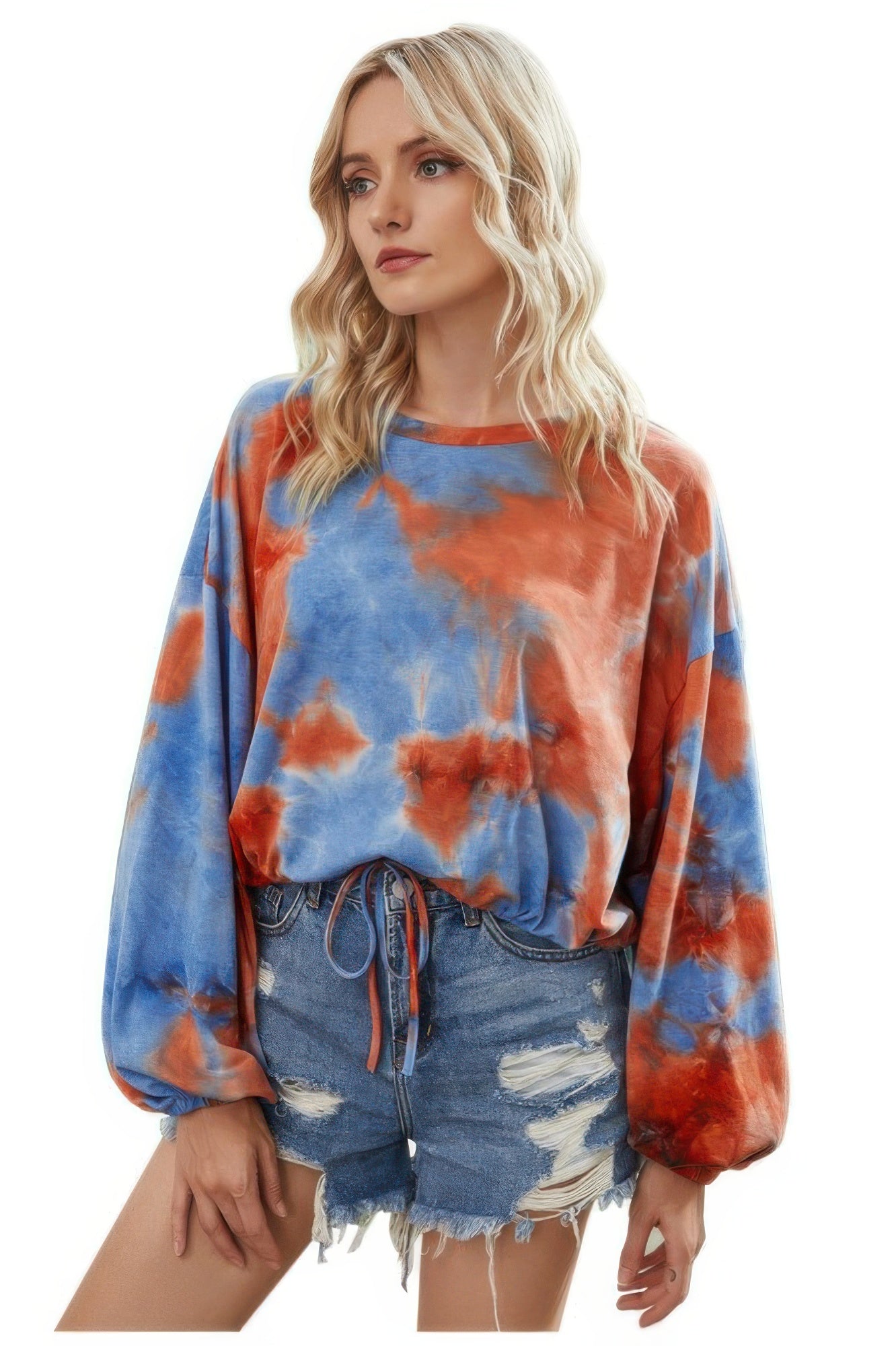 Round Neck Tie Dye Long Balloon Sleeve Top - All Season Fashion