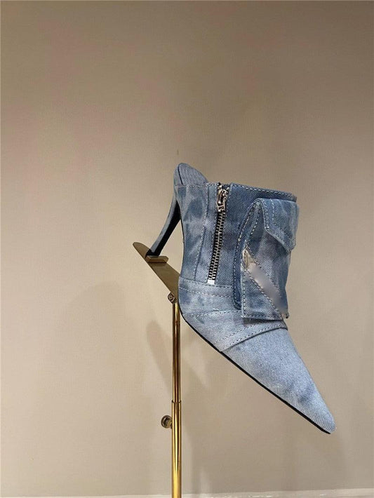 Women Pocket Denim Pointed Toe Heeled Ankle Boots