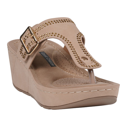 Women's Alani Beige Embellished Thong Wedge Sandals