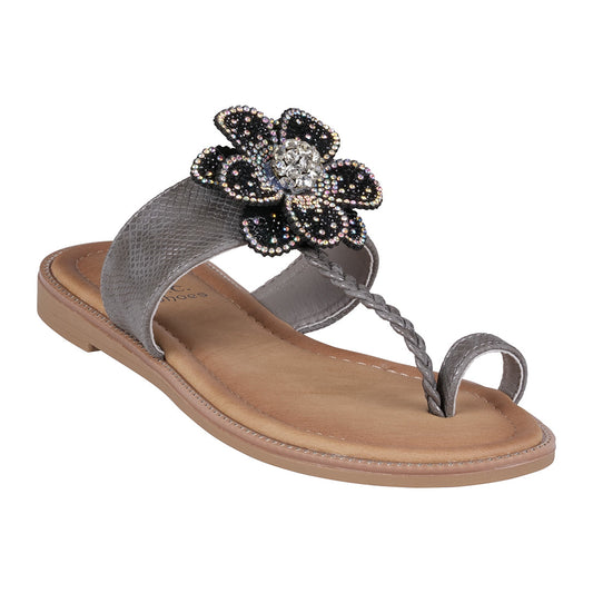 Women's Blossom Black Embellished Flower Toe Ring Flat Sandals