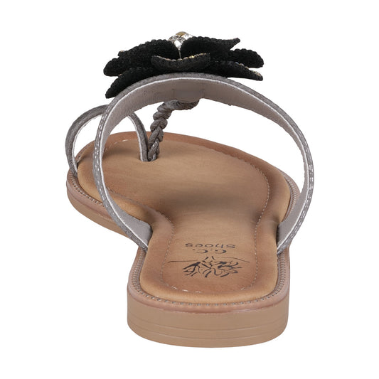 Women's Blossom Black Embellished Flower Toe Ring Flat Sandals