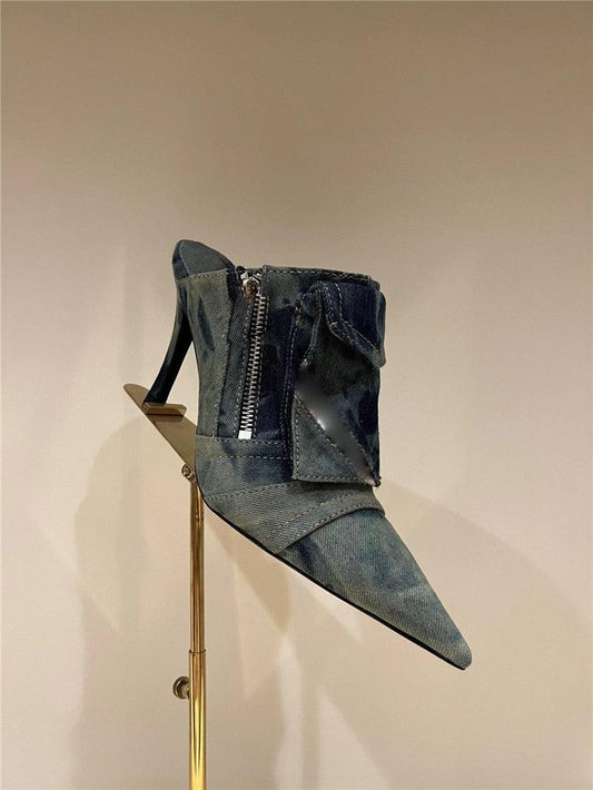Women Pocket Denim Pointed Toe Heeled Ankle Boots