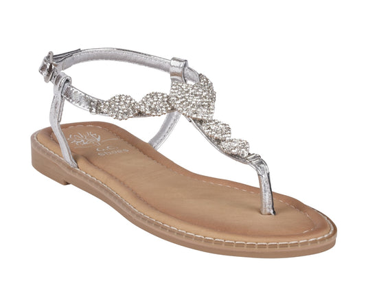 Cali Silver Jeweled T-Strap Slingback Flat Sandals