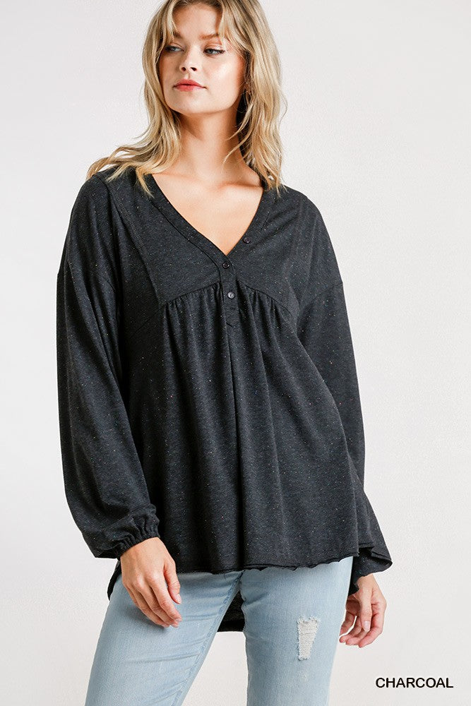 Confetti Detailed Long Puff Sleeve Babydoll Top With Button Front And Raw Hem - All Season Fashion