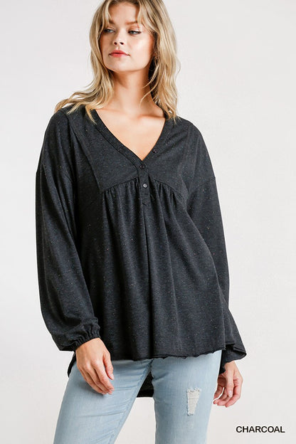 Confetti Detailed Long Puff Sleeve Babydoll Top With Button Front And Raw Hem - All Season Fashion