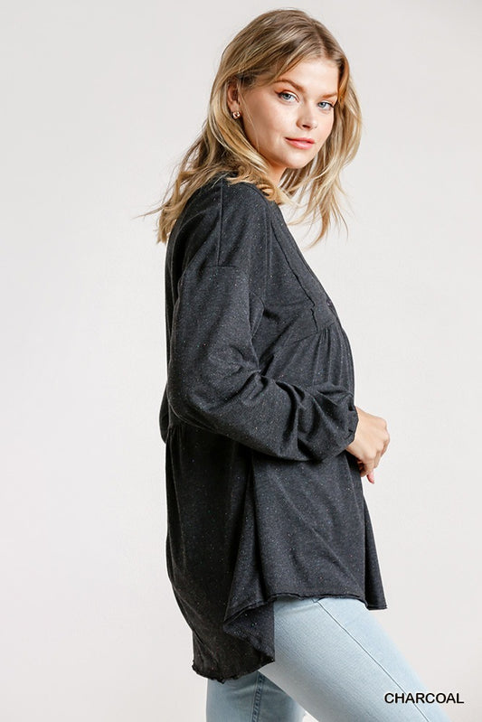 Confetti Detailed Long Puff Sleeve Babydoll Top With Button Front And Raw Hem - All Season Fashion