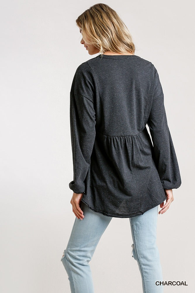 Confetti Detailed Long Puff Sleeve Babydoll Top With Button Front And Raw Hem - All Season Fashion