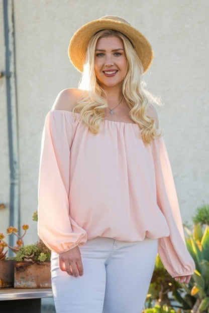 Off Shoulder Long Bubble Sleeve Solid Top - All Season Fashion