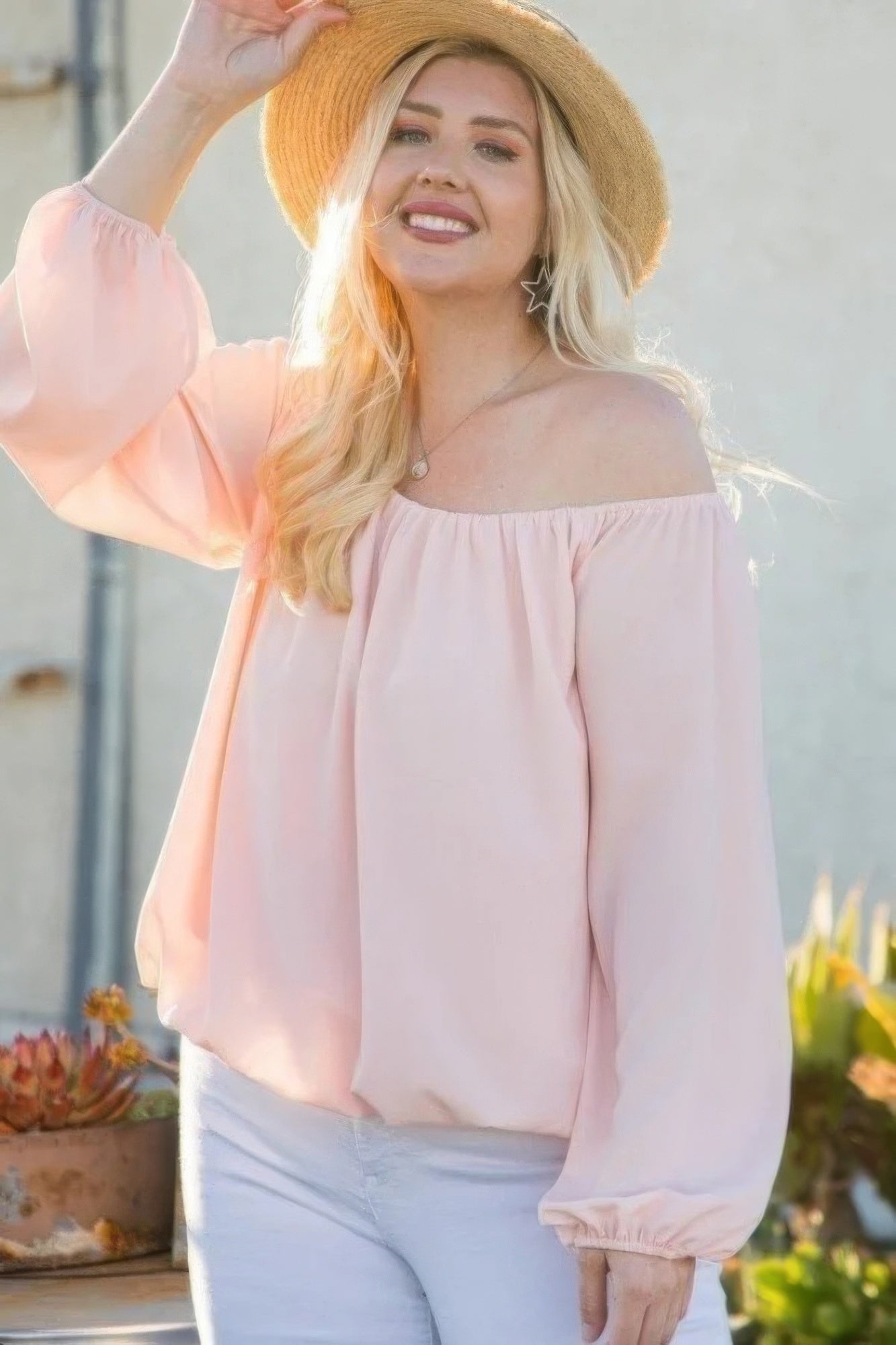 Off Shoulder Long Bubble Sleeve Solid Top - All Season Fashion
