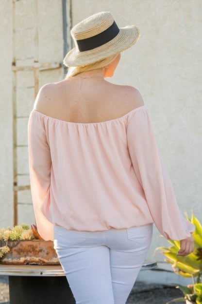 Off Shoulder Long Bubble Sleeve Solid Top - All Season Fashion