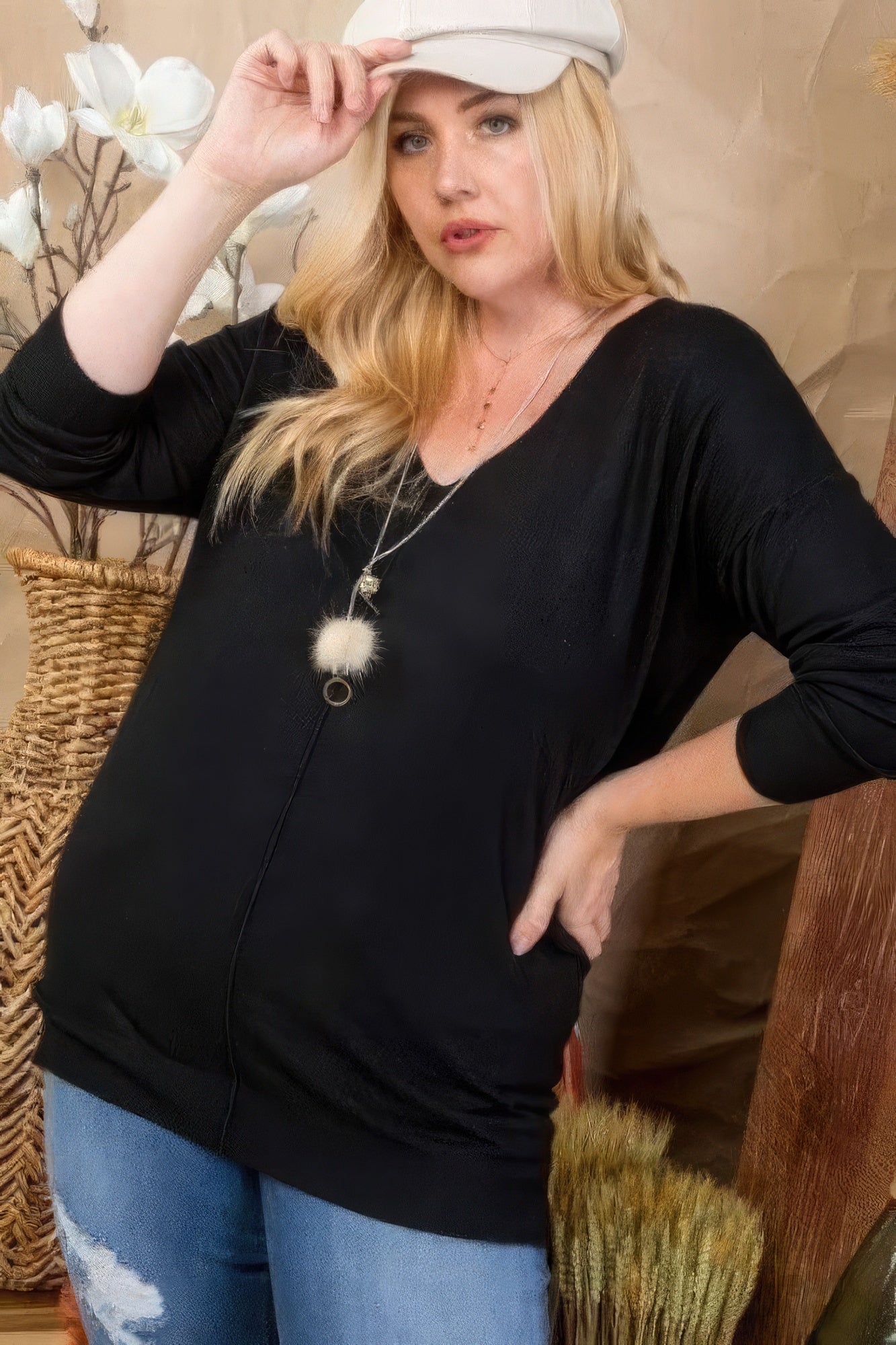 Plus Size V Neck 3/4 Sleeve Side Slit Hi-lo Sweater - All Season Fashion