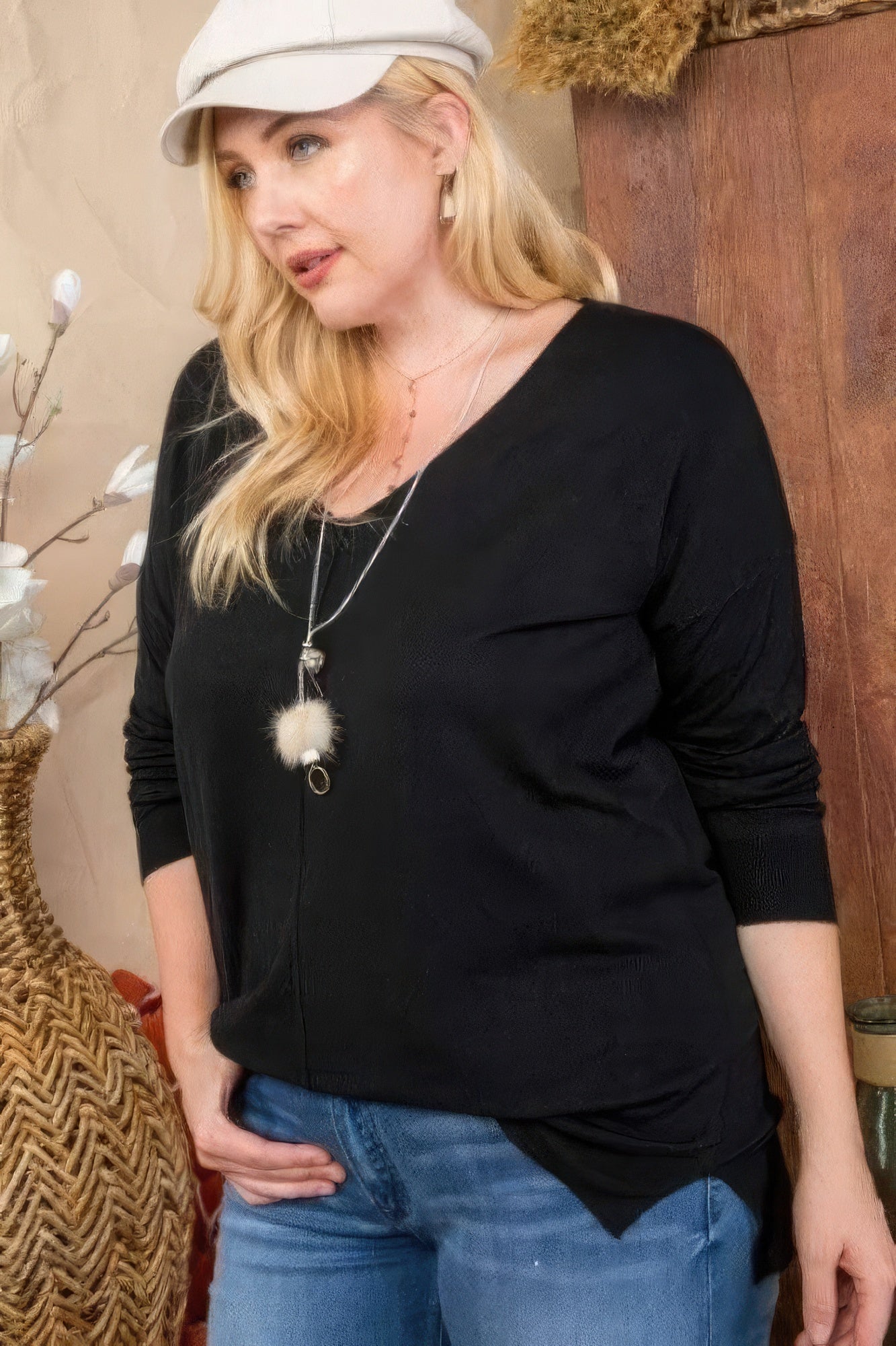 Plus Size V Neck 3/4 Sleeve Side Slit Hi-lo Sweater - All Season Fashion