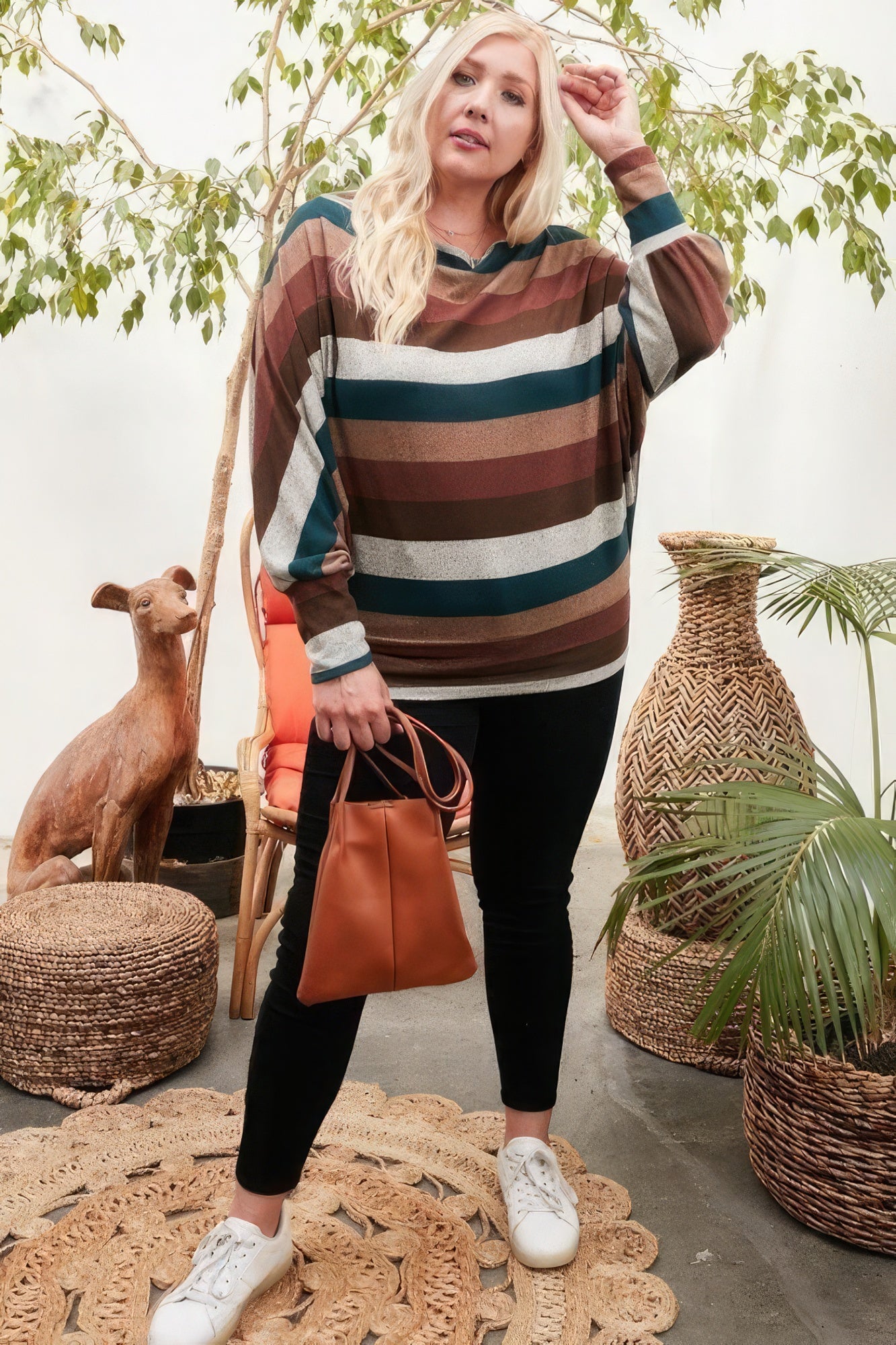 Boat Neck Long Bubble Sleeve Multi Stripe Print Knit Top - All Season Fashion