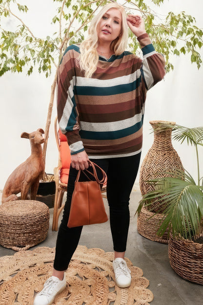 Boat Neck Long Bubble Sleeve Multi Stripe Print Knit Top - All Season Fashion