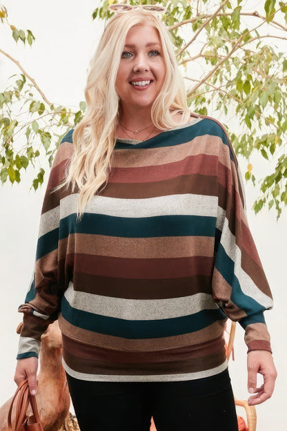 Boat Neck Long Bubble Sleeve Multi Stripe Print Knit Top - All Season Fashion