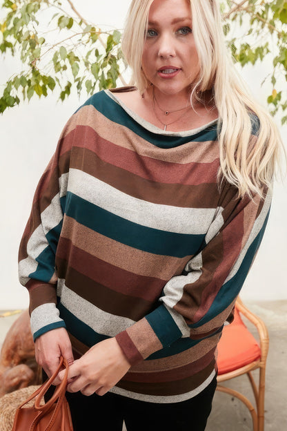 Boat Neck Long Bubble Sleeve Multi Stripe Print Knit Top - All Season Fashion