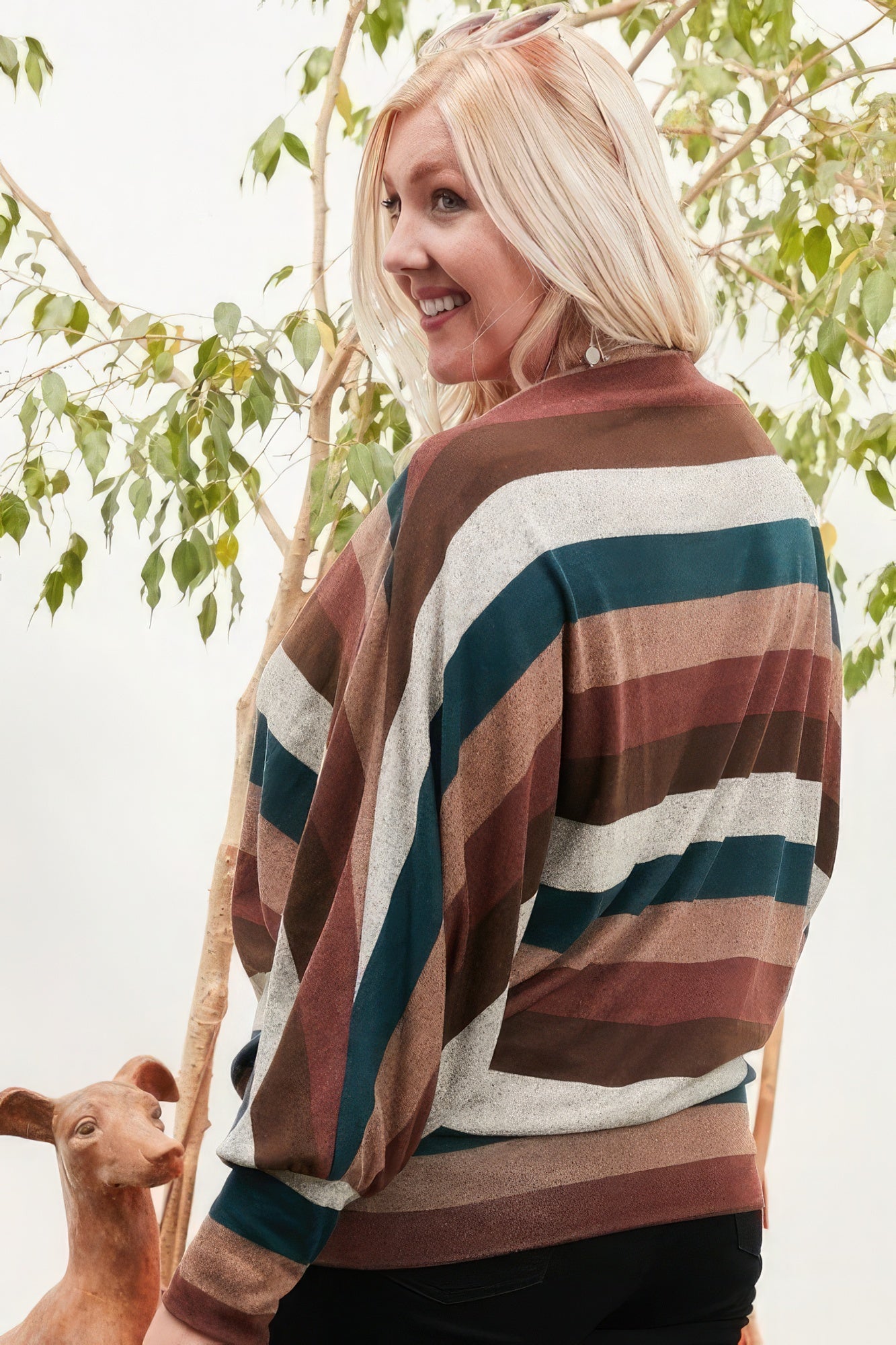 Boat Neck Long Bubble Sleeve Multi Stripe Print Knit Top - All Season Fashion
