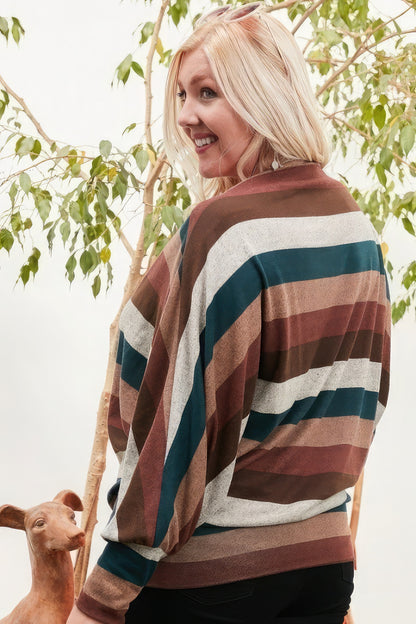 Boat Neck Long Bubble Sleeve Multi Stripe Print Knit Top - All Season Fashion