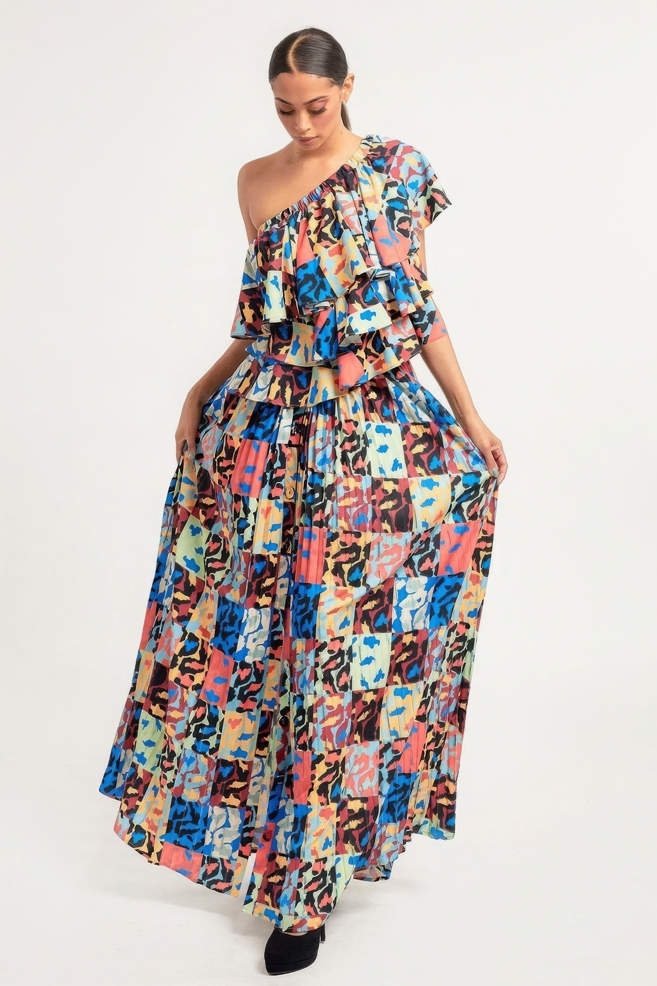 Printed Ruffle Top And Pleated Skirt Set - All Season Fashion