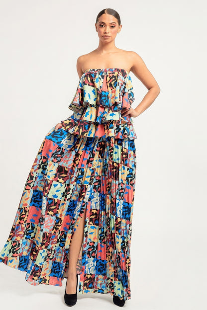 Printed Ruffle Top And Pleated Skirt Set - All Season Fashion