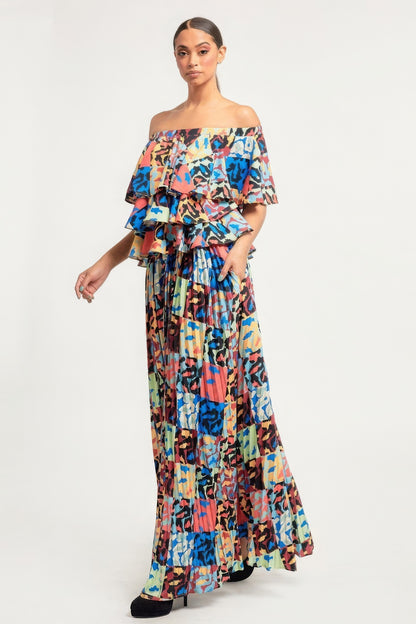 Printed Ruffle Top And Pleated Skirt Set - All Season Fashion