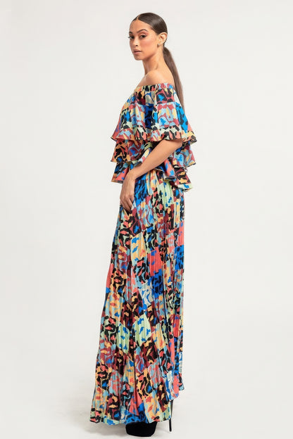 Printed Ruffle Top And Pleated Skirt Set - All Season Fashion